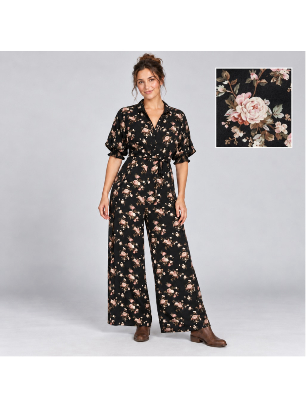 Natural Life Black Floral Wide Leg Jumpsuit Large Boho Tie Waist loo